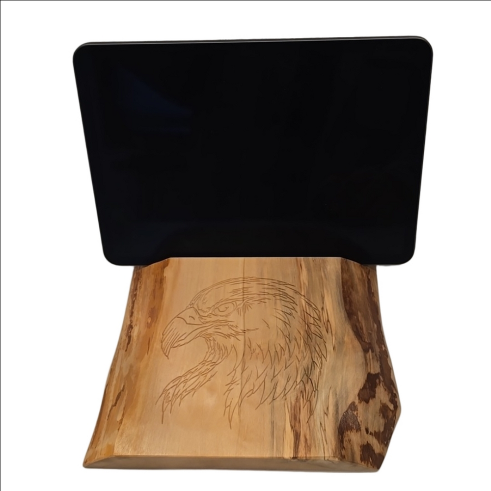 Live Edge Wooden Tablet Display Stand Eagel Design Handmade in Alaska